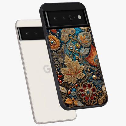 Royal Jewel Garden Glass Case displayed in angled mockup highlighting vibrant jewel inspired floral design with elegant aesthetic.