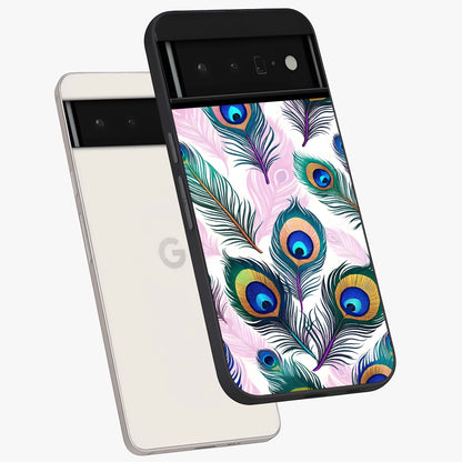Royal Peacock Feathers Glass Case displayed in angled mockup highlighting vibrant feather pattern with regal aesthetic style.
