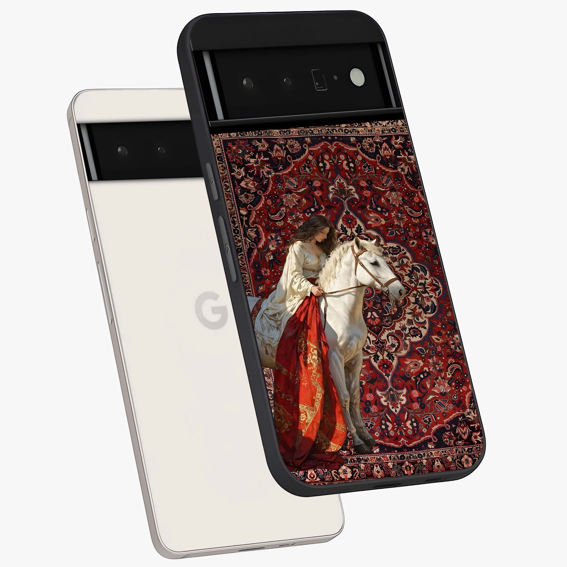 Royal Rider Tapestry Glass Case displayed in angled mockup highlighting traditional tapestry design with royal heritage aesthetic.