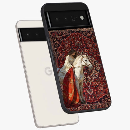 Royal Rider Tapestry Glass Case displayed in angled mockup highlighting traditional tapestry design with royal heritage aesthetic.