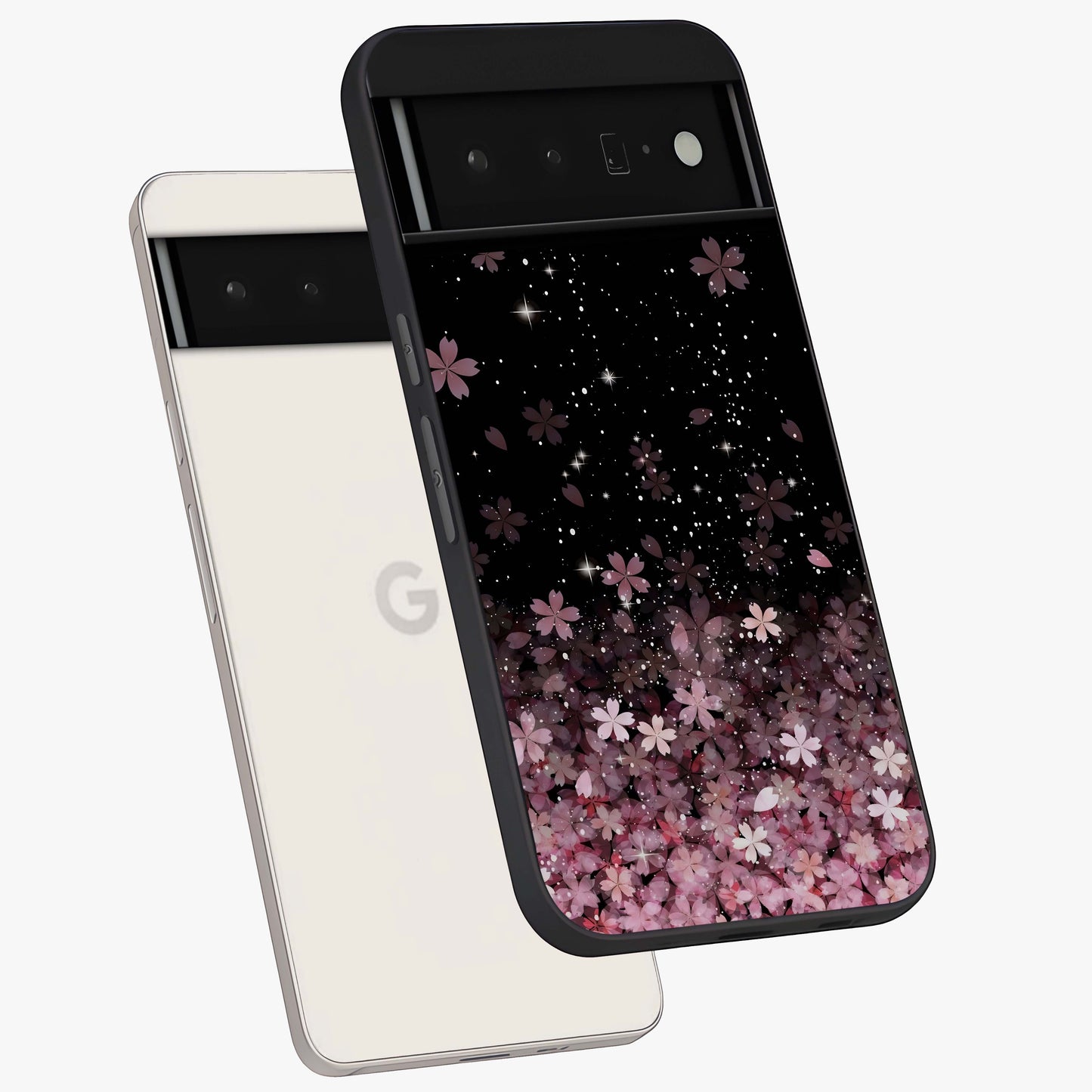 Small Starry Flowers Glass Case displayed in angled mockup highlighting tiny flower pattern with celestial aesthetic style.
