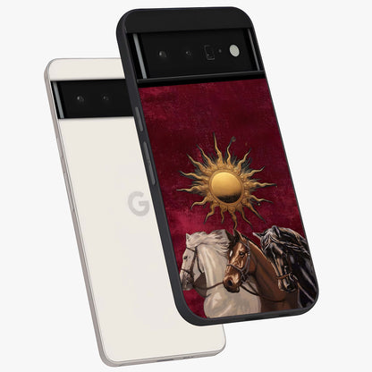 Solar Riders Glass Case displayed in angled mockup highlighting powerful rider illustration with radiant solar aesthetic.