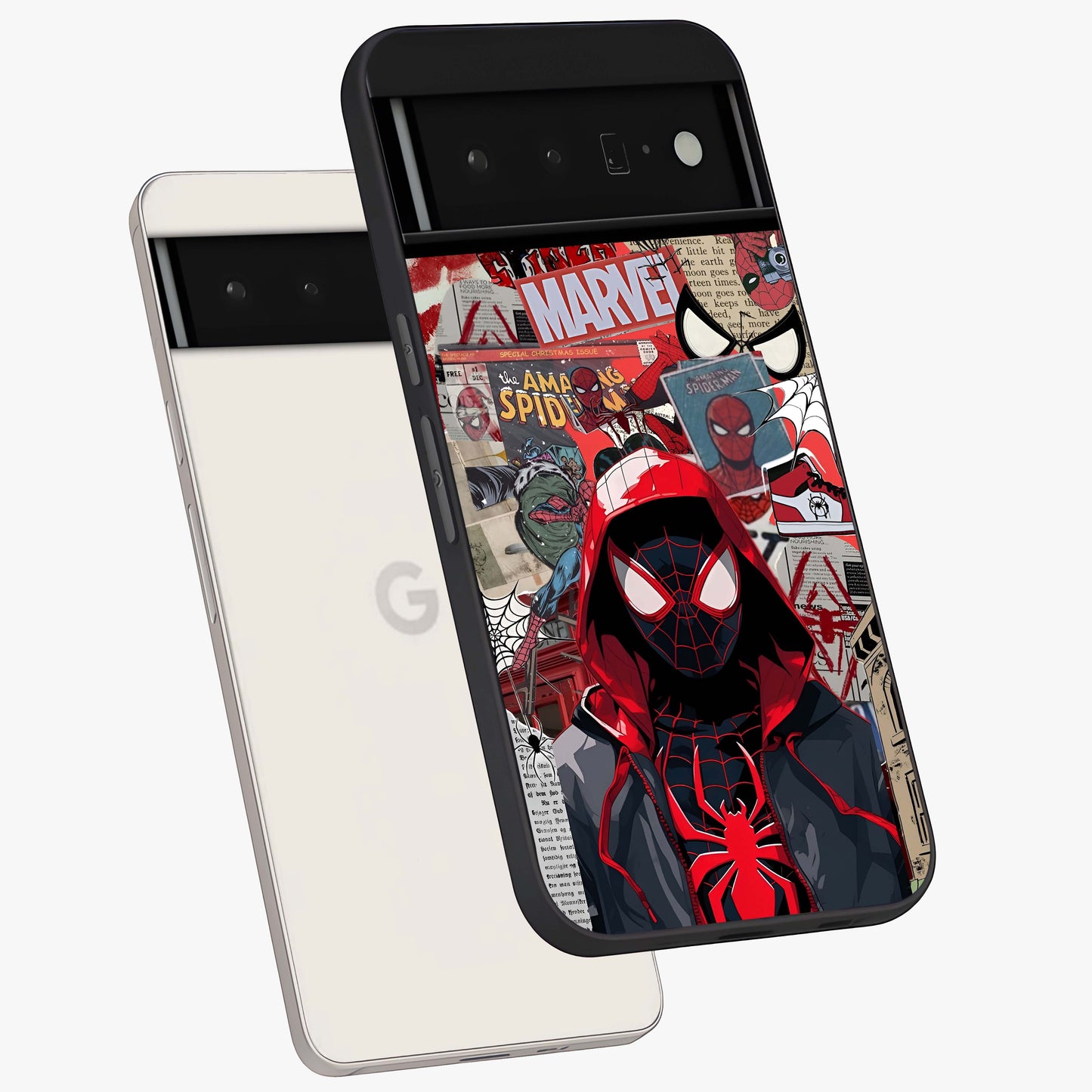 Spider Collage Street Glass Case displayed in angled mockup highlighting dynamic street style collage design with comic aesthetic.