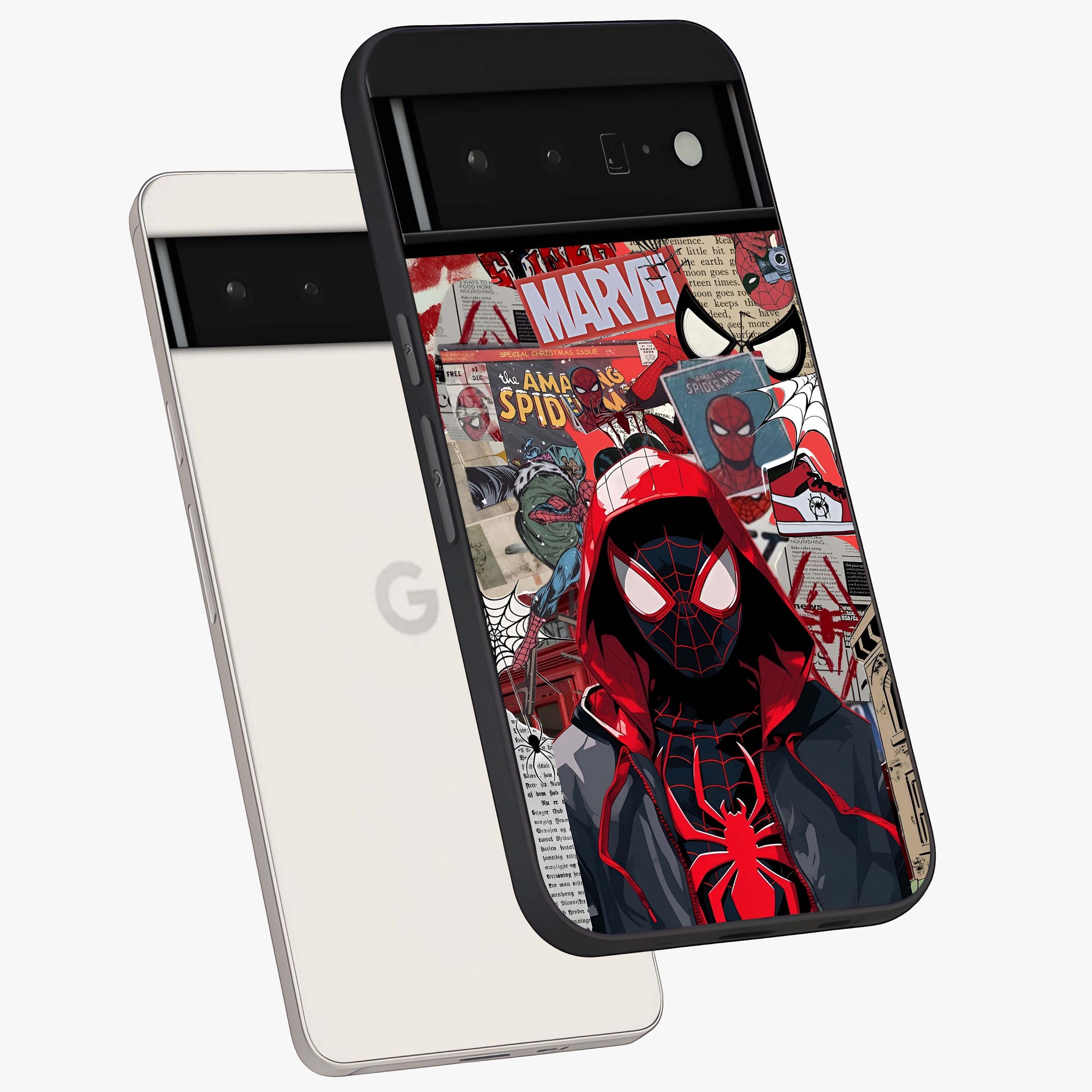 Spider Collage Street Glass Case displayed in angled mockup highlighting dynamic street style collage design with comic aesthetic.