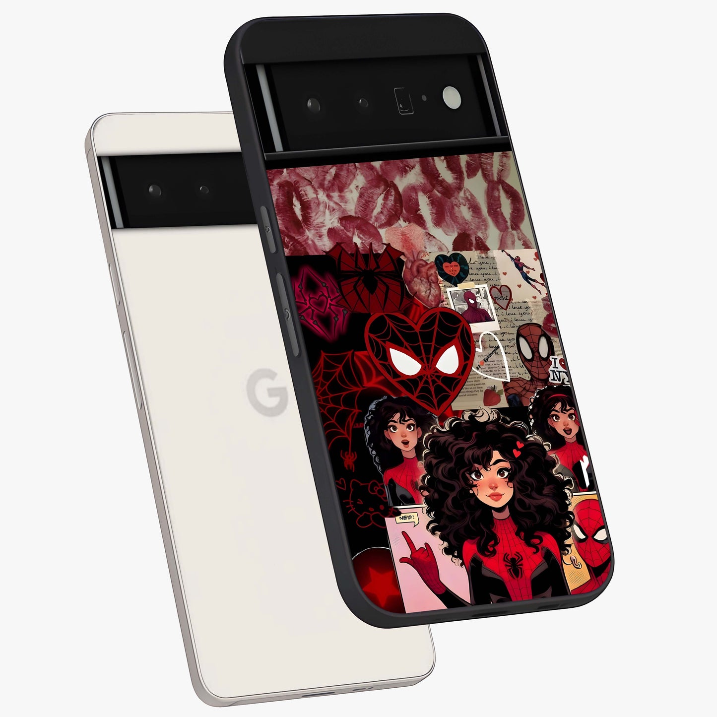 Spider Love Story Glass Case displayed in angled mockup highlighting expressive comic inspired design with playful aesthetic.