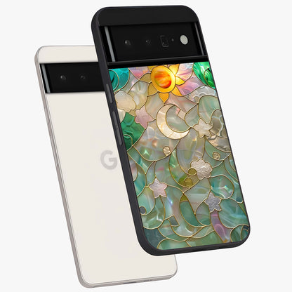 Stained Sunrise Glow Glass Case displayed in angled mockup highlighting radiant sunrise design with artistic aesthetic style.