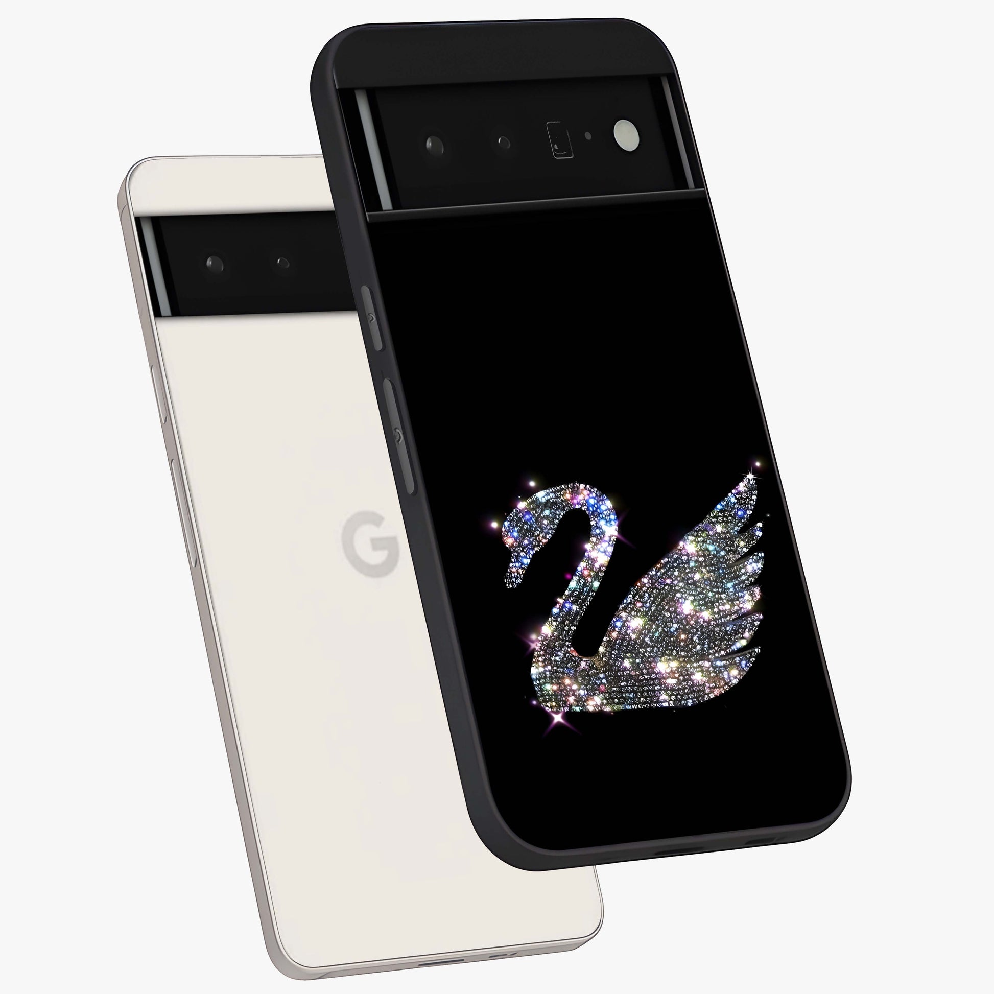 Starlit Swan Grace Glass Case displayed in angled mockup highlighting elegant swan illustration with dreamy celestial aesthetic.