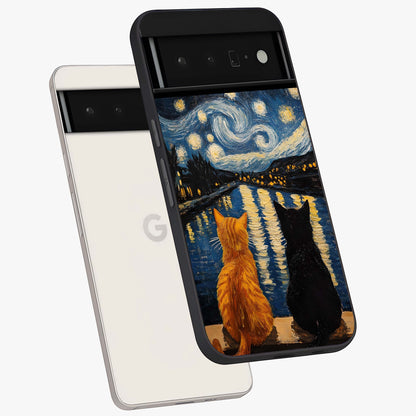 Starry River Cats Glass Case displayed in angled mockup highlighting charming feline illustration with dreamy night aesthetic.