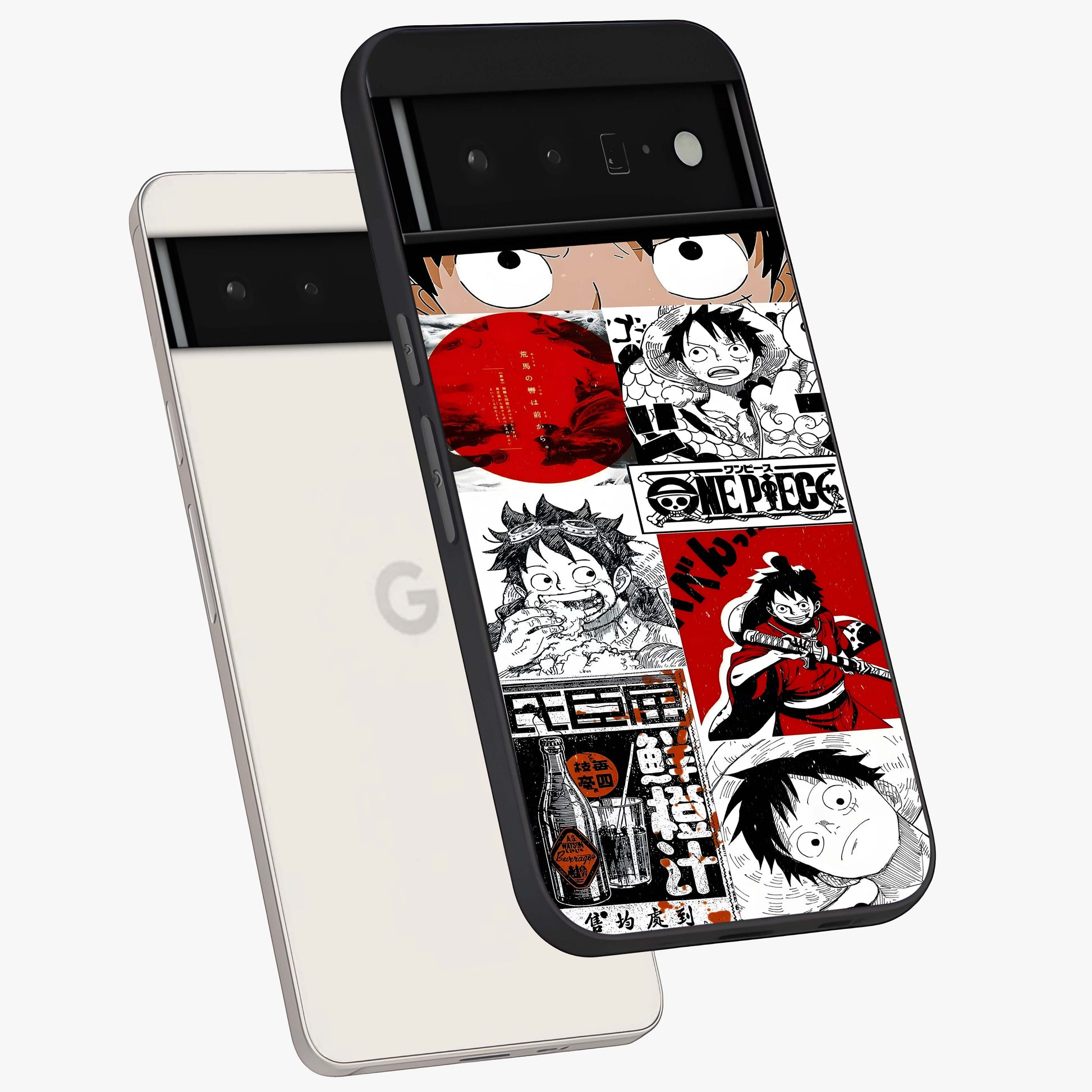 Strawhat Chaos Panels Glass Case displayed in angled mockup highlighting vibrant anime collage design with action aesthetic.