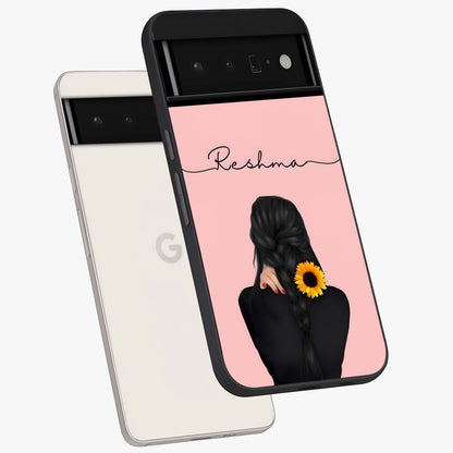 Sunflower Braid Beauty With Custom Name Glass Case displayed in angled mockup highlighting elegant sunflower design with custom name feature.