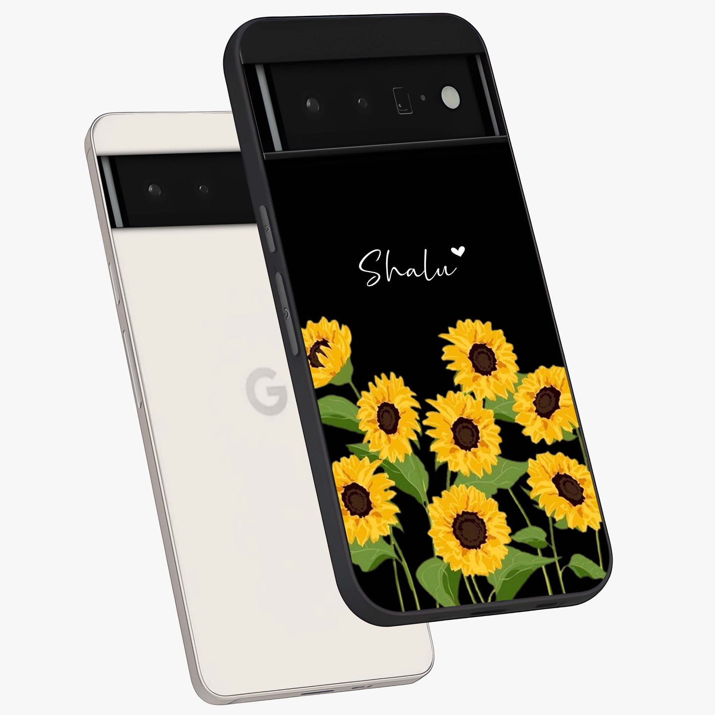 Sunflower Chic Mood Custom Name Glass Case displayed in angled mockup highlighting vibrant sunflower design with custom name feature.