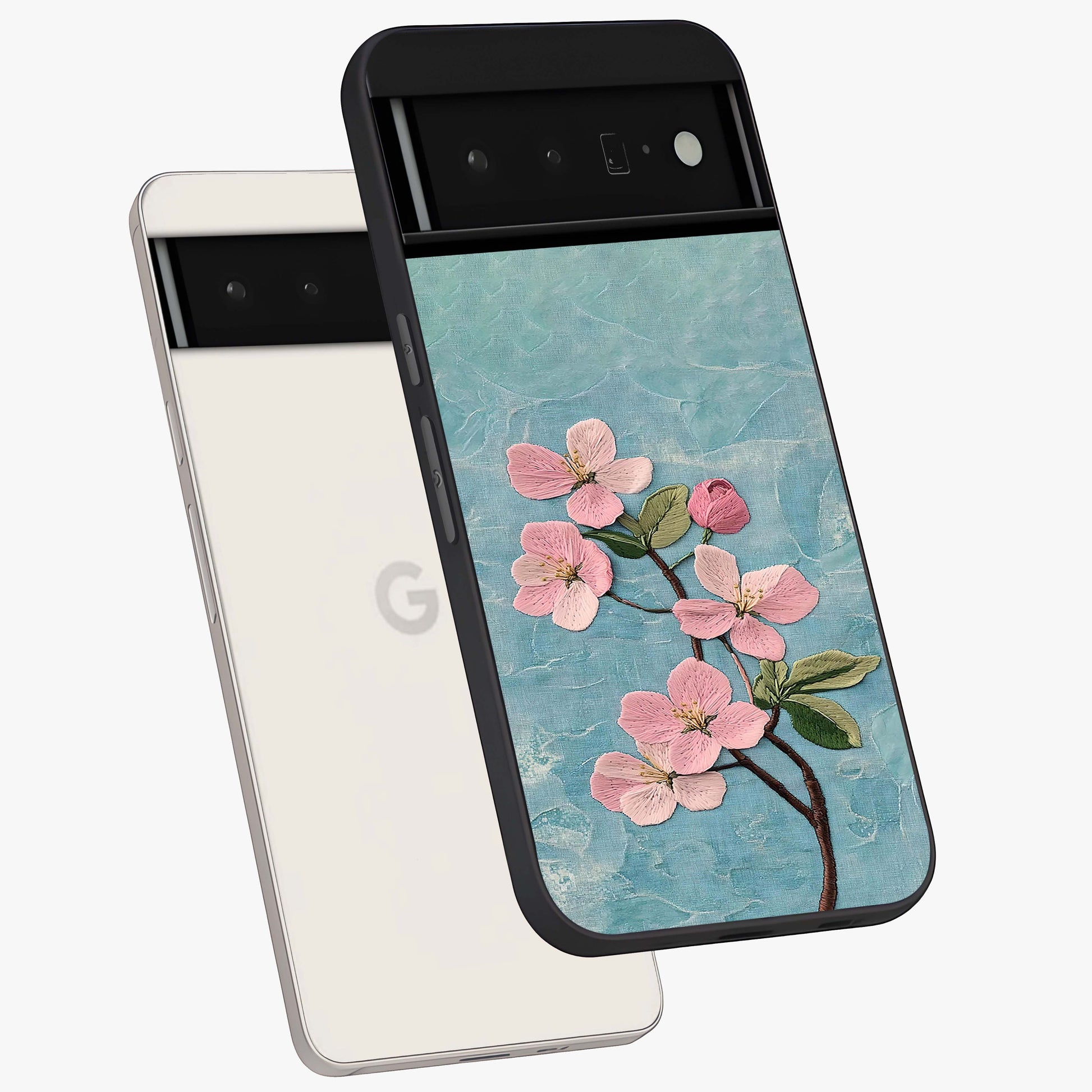 Threaded Blossom Breeze Glass Case displayed in angled mockup highlighting elegant floral design with soft aesthetic style.