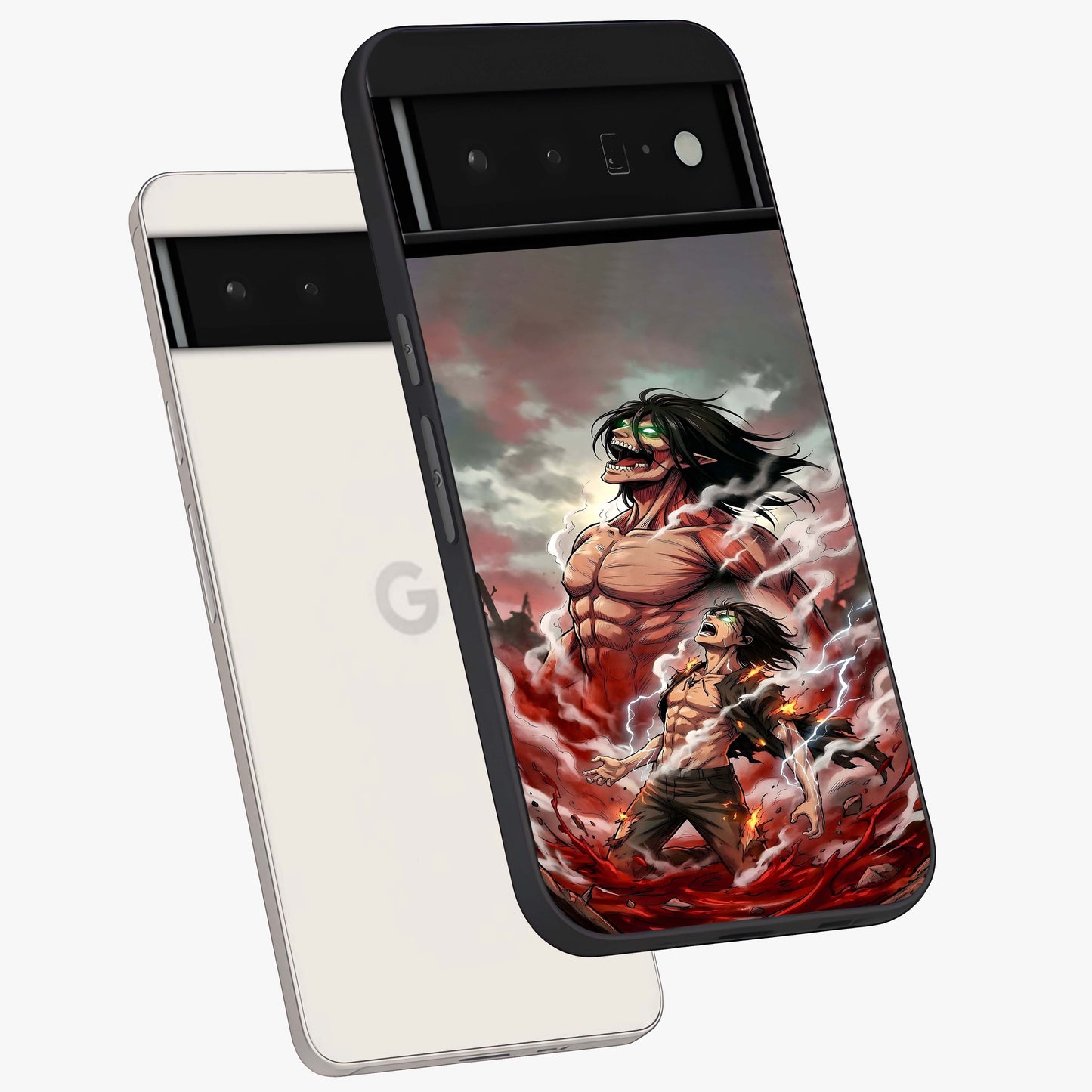 Titan Awakening Fury Glass Case displayed in angled mockup highlighting dramatic giant warrior design with bold anime aesthetic.