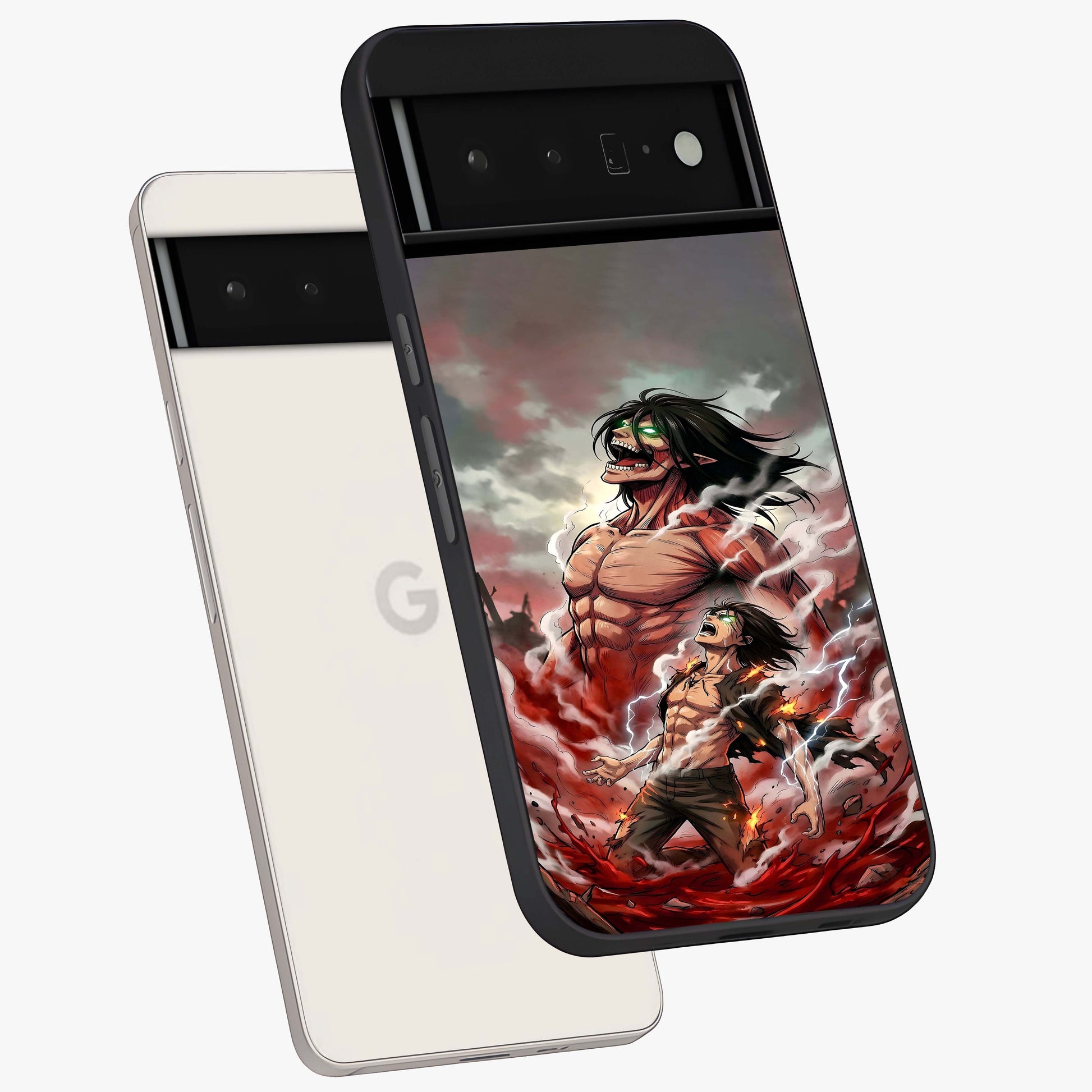 Titan Awakening Fury Glass Case displayed in angled mockup highlighting dramatic giant warrior design with bold anime aesthetic.