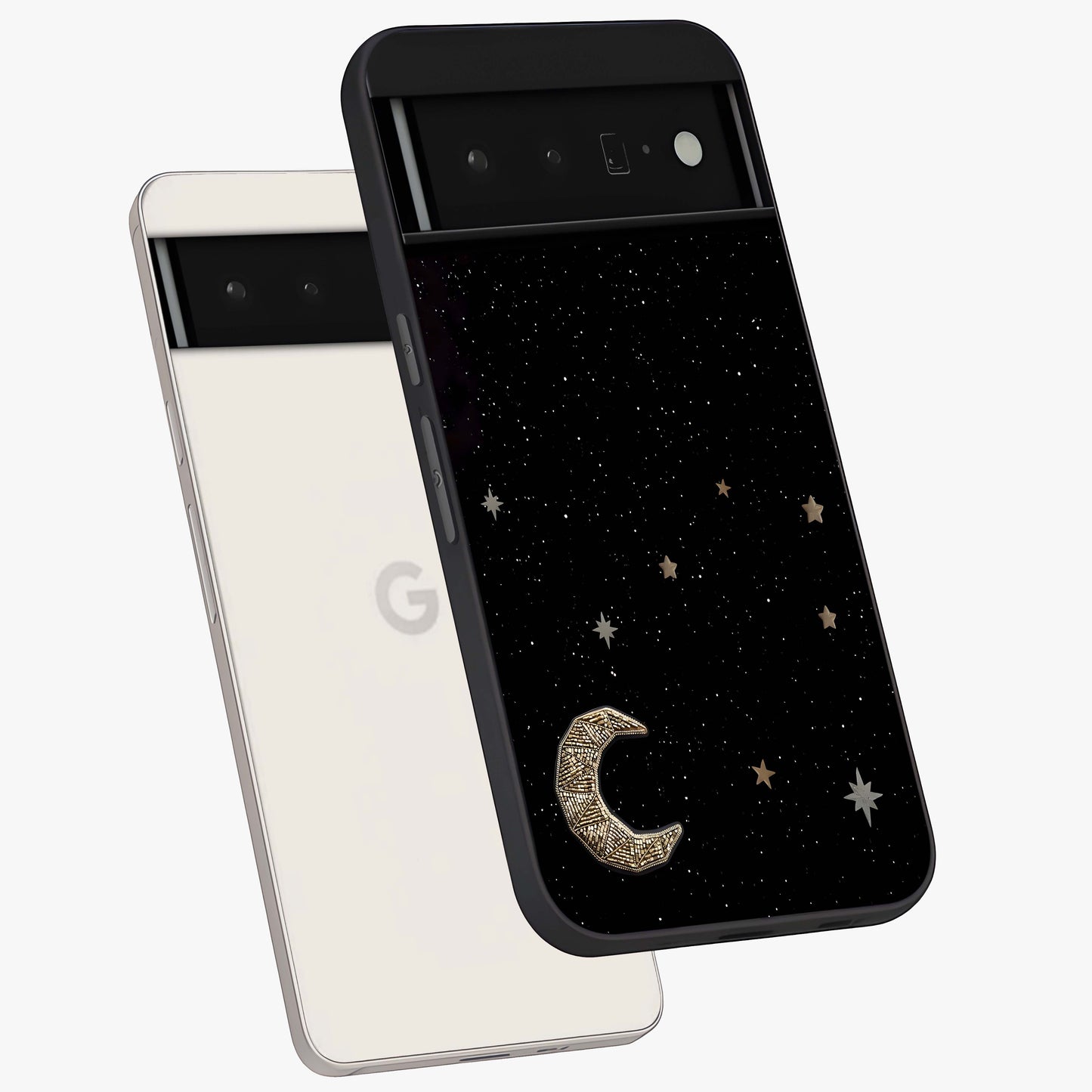 Twinkle Star With Half Moon Glass Case displayed in angled mockup highlighting celestial moon and star design with magical aesthetic.