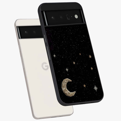 Twinkle Star With Half Moon Glass Case displayed in angled mockup highlighting celestial moon and star design with magical aesthetic.