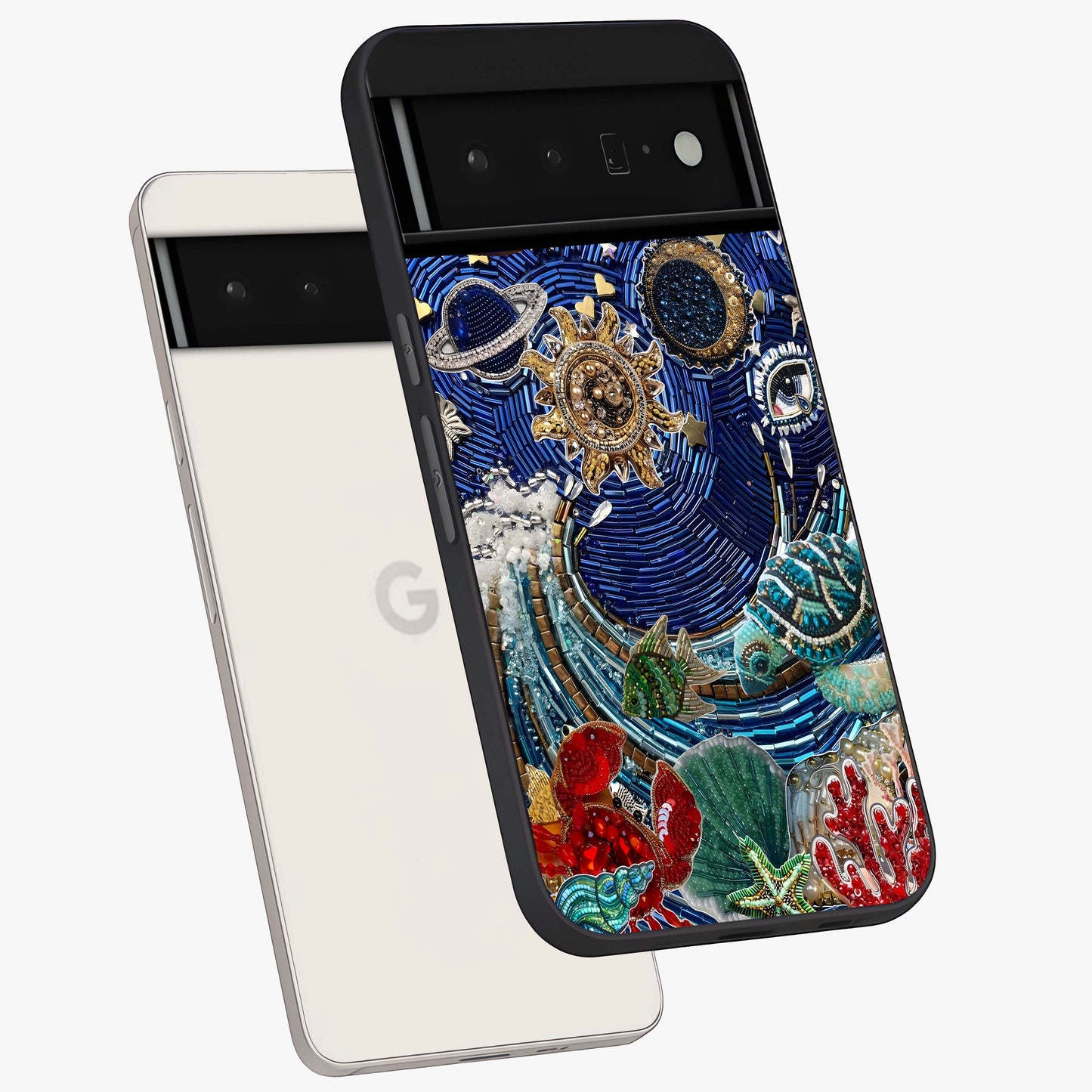Universe Underwater Spark Glass Case displayed in angled mockup highlighting glowing aquatic design with celestial aesthetic.