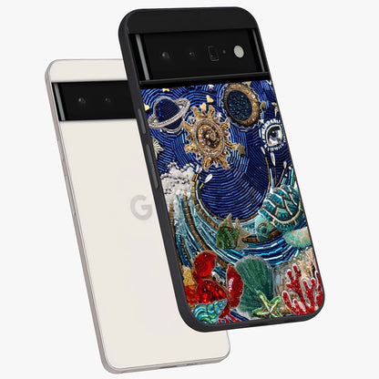Universe Underwater Spark Glass Case displayed in angled mockup highlighting glowing aquatic design with celestial aesthetic.