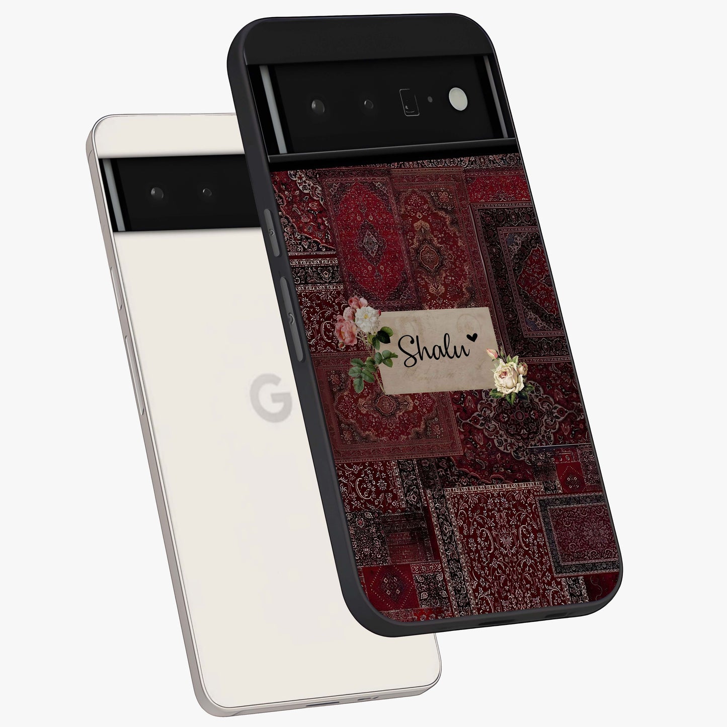Velvet Wine Pattern Custom Name Glass Case displayed in angled mockup highlighting decorative velvet inspired design with custom name feature.