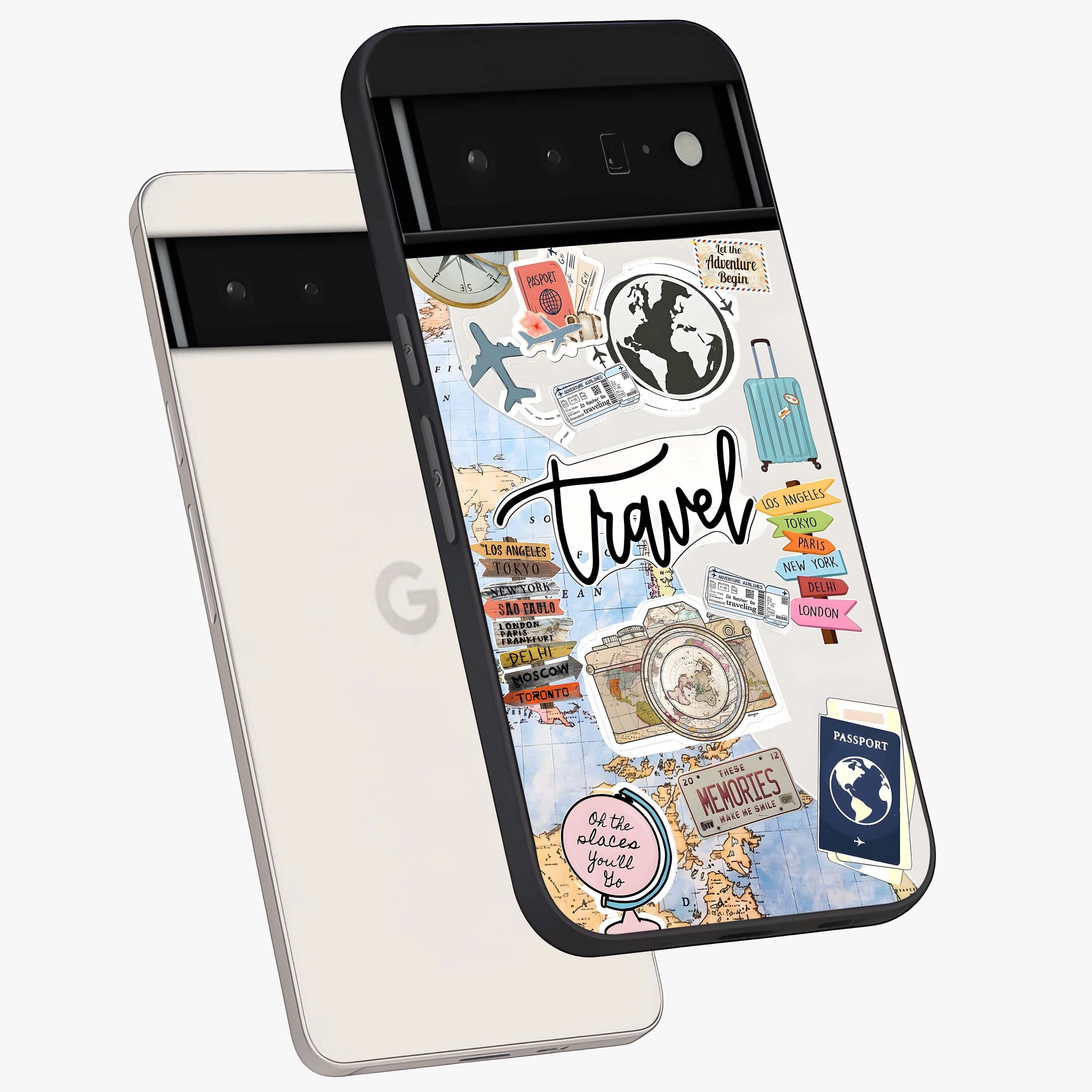 Wanderlust Journal Glass Case displayed in angled mockup highlighting adventure themed design with aesthetic travel vibe.