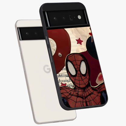 Web Warrior Vibes Glass Case displayed in angled mockup highlighting dynamic web design with comic style aesthetic.