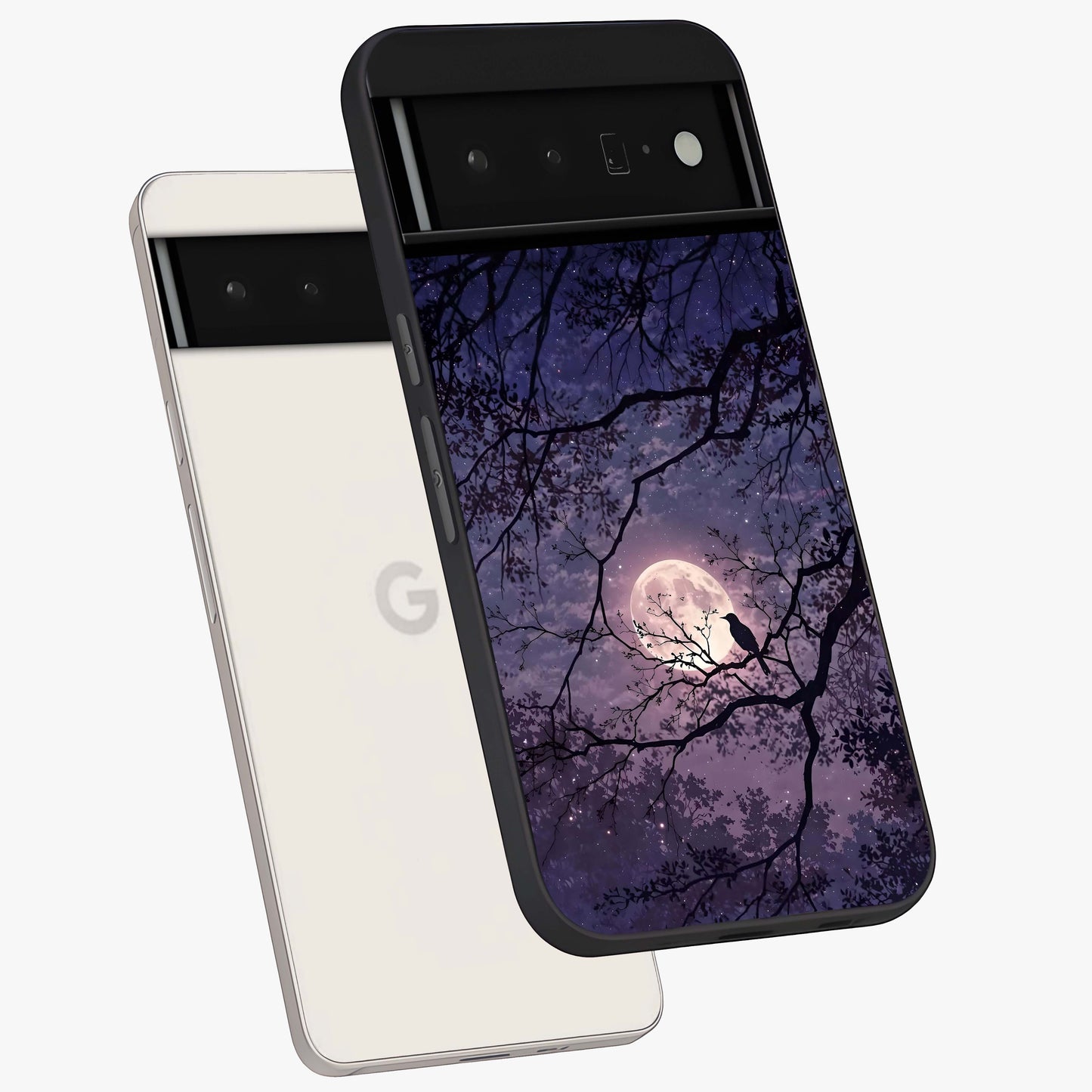 Whispering Moon Silence Glass Case displayed in angled mockup highlighting calm lunar design with dreamy night aesthetic.