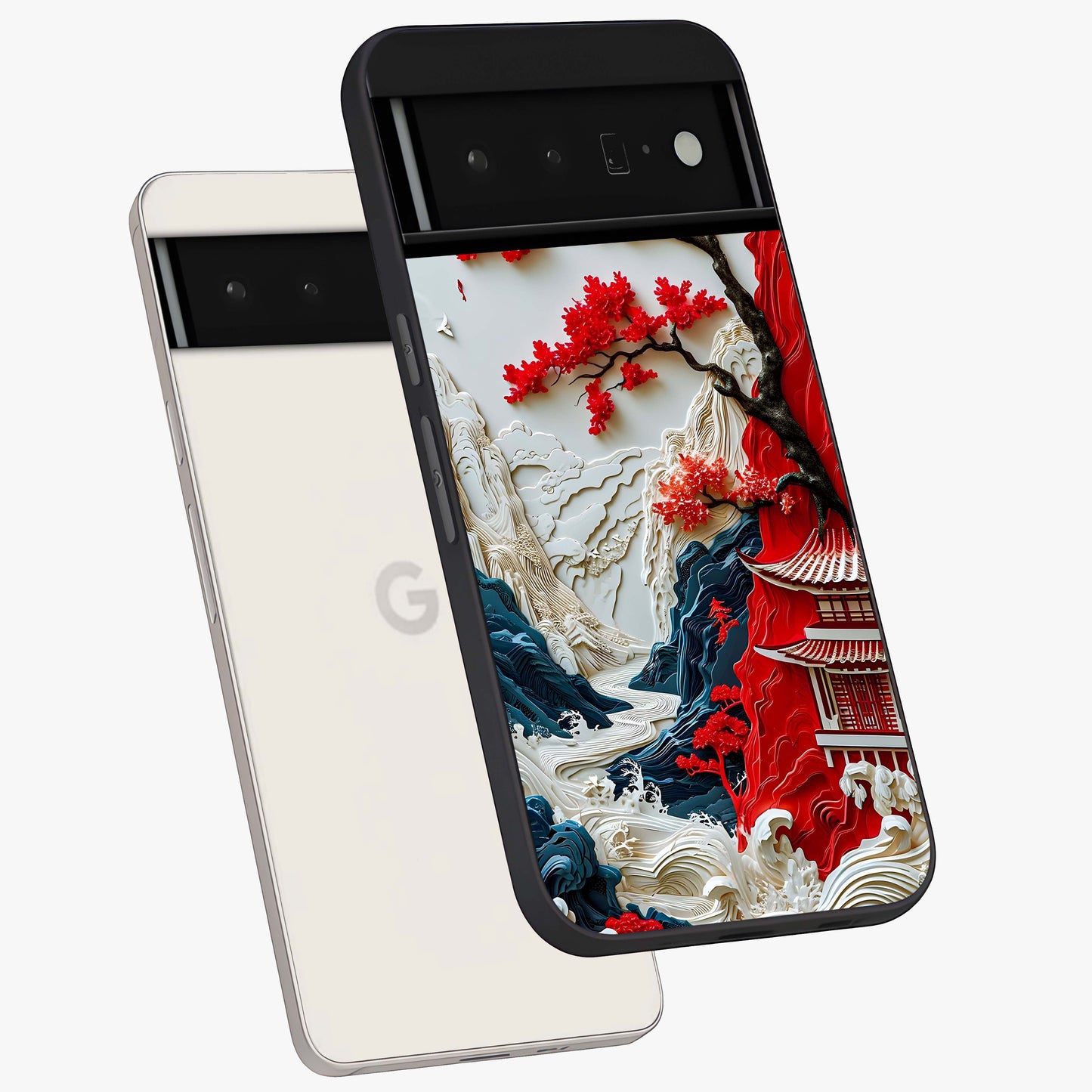 Whispers Of Sakura Waves Glass Case displayed in angled mockup highlighting flowing sakura design with soft floral aesthetic.