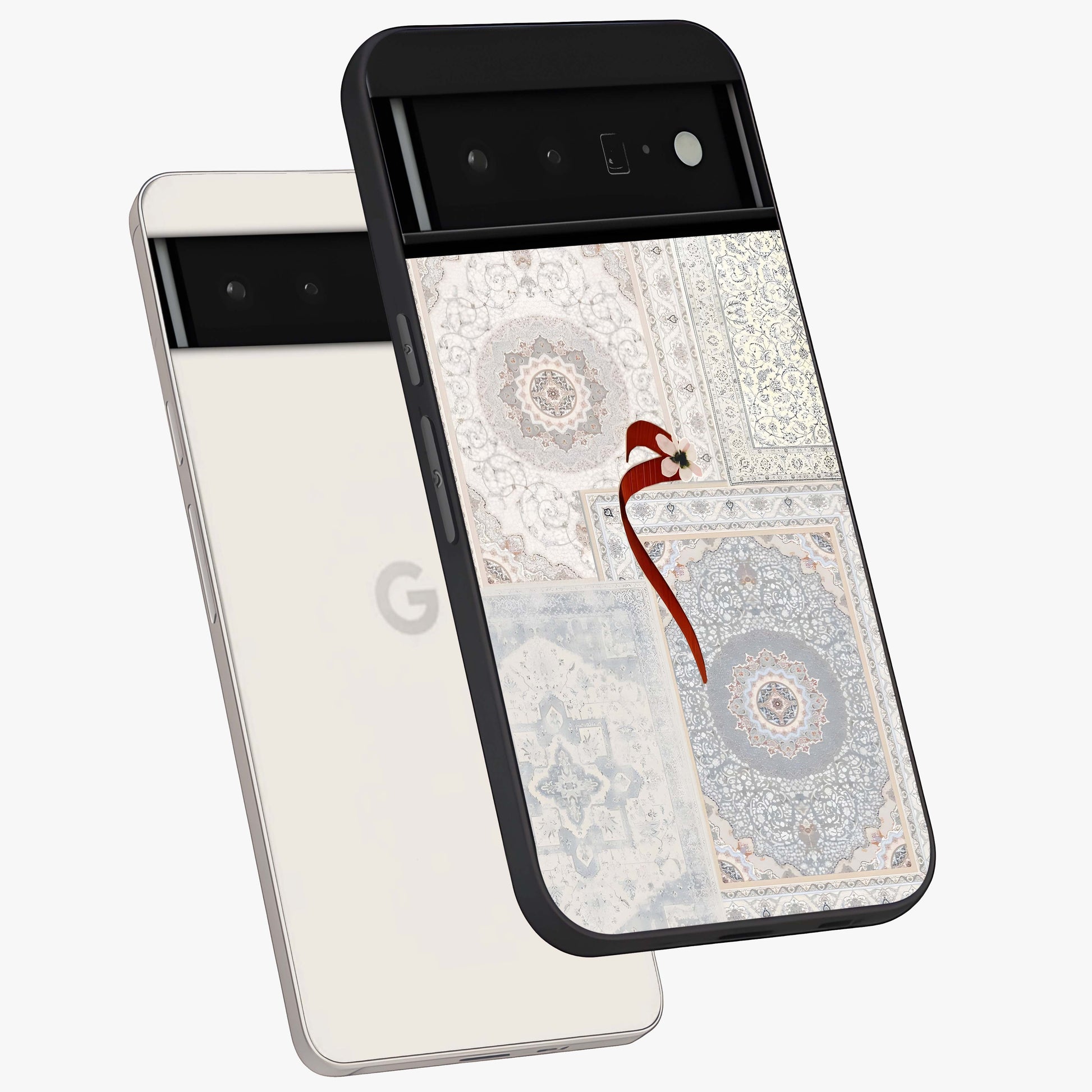 White Aesthetic Bow Glass Case displayed in angled mockup highlighting clean bow design with soft aesthetic style.