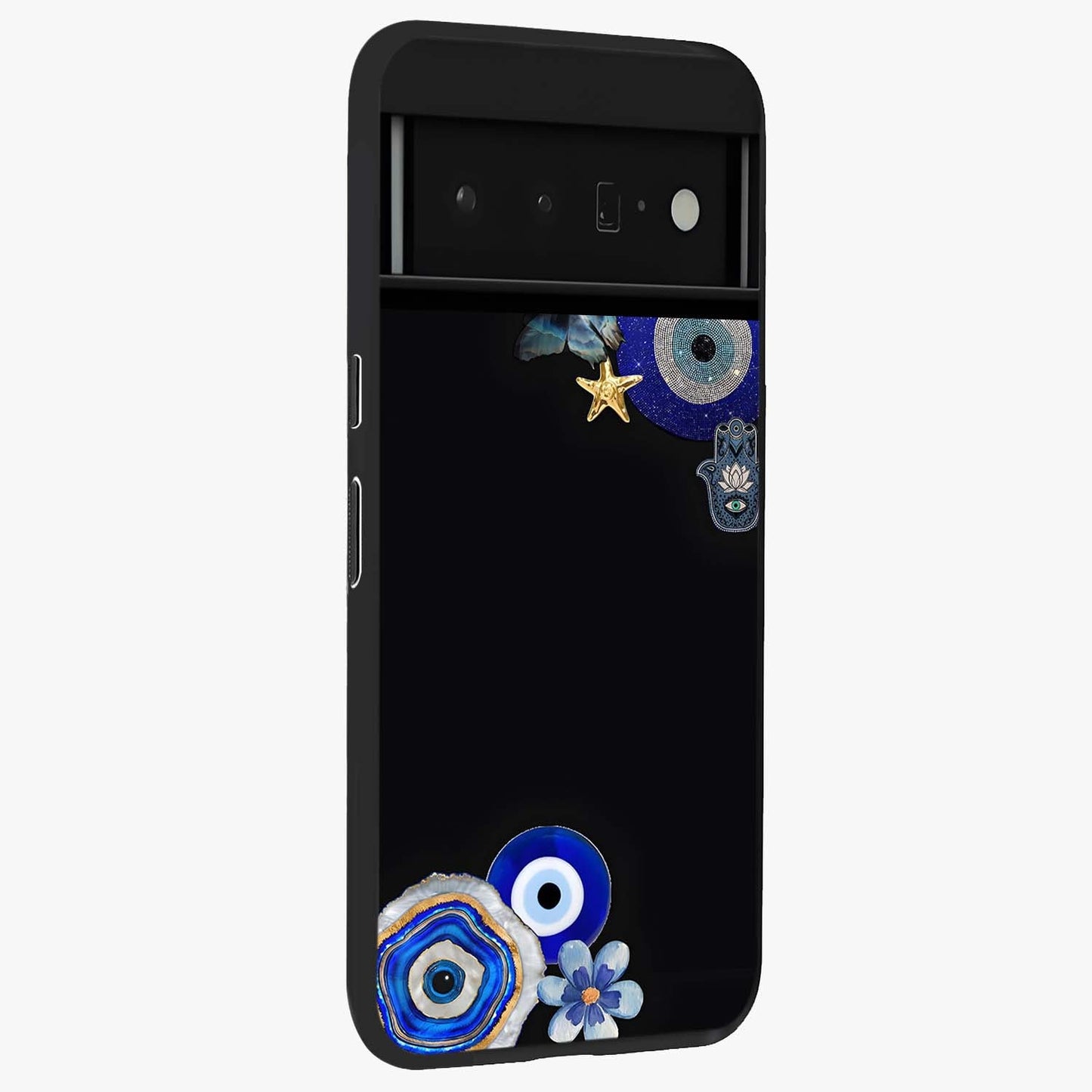 Aesthetic Blue Evil Eye Glass Case upright view showcasing mystical evil eye graphic with minimal aesthetic style.