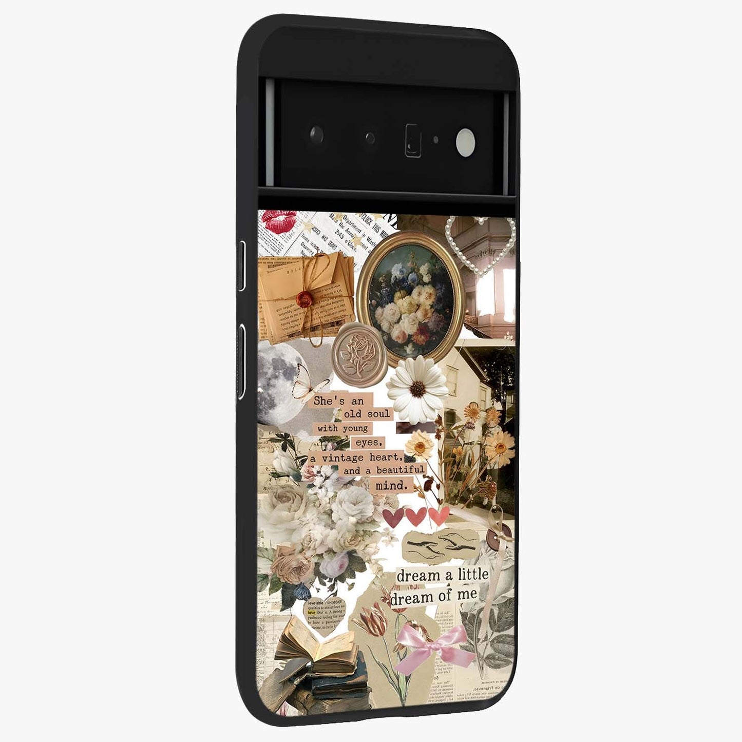 Aesthetic Brown Vintage Collage Glass Case upright view showcasing nostalgic retro artwork with stylish vintage theme.