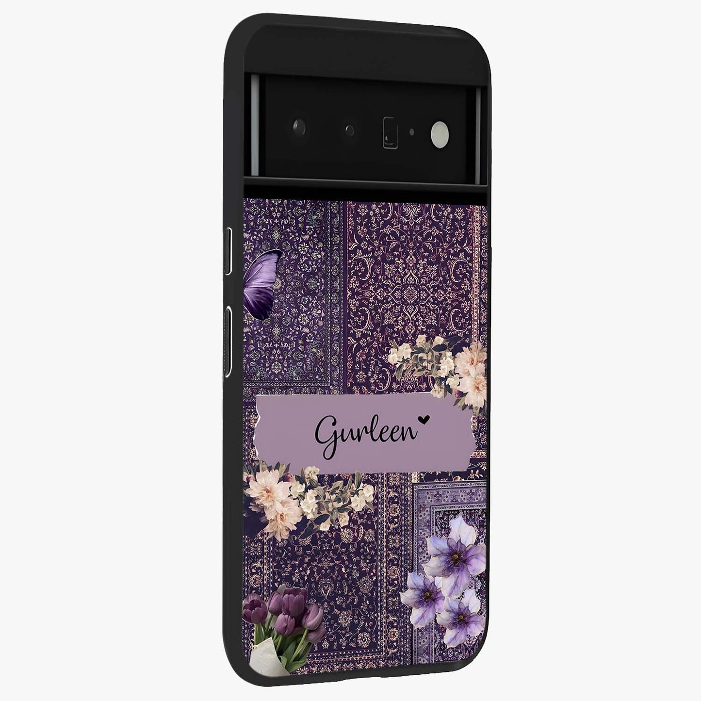 Antique Floral Whisper Custom Name Glass Case upright view showcasing delicate floral artwork with custom name feature.
