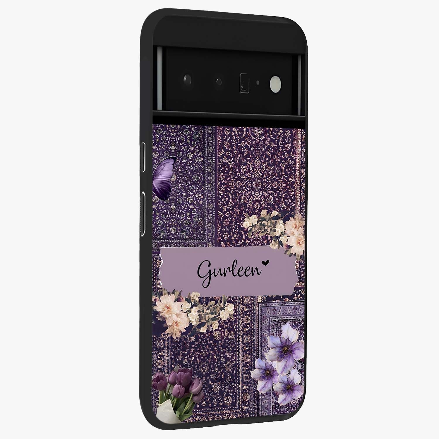 Antique Floral Whisper Custom Name Glass Case upright view showcasing delicate floral artwork with custom name feature.