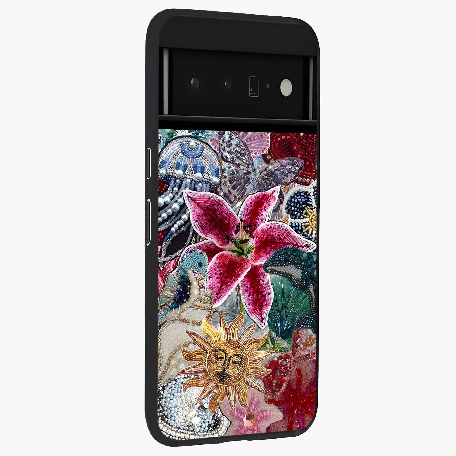 Beaded Garden Fantasy Glass Case upright view showcasing whimsical garden aesthetic with artistic bead details.