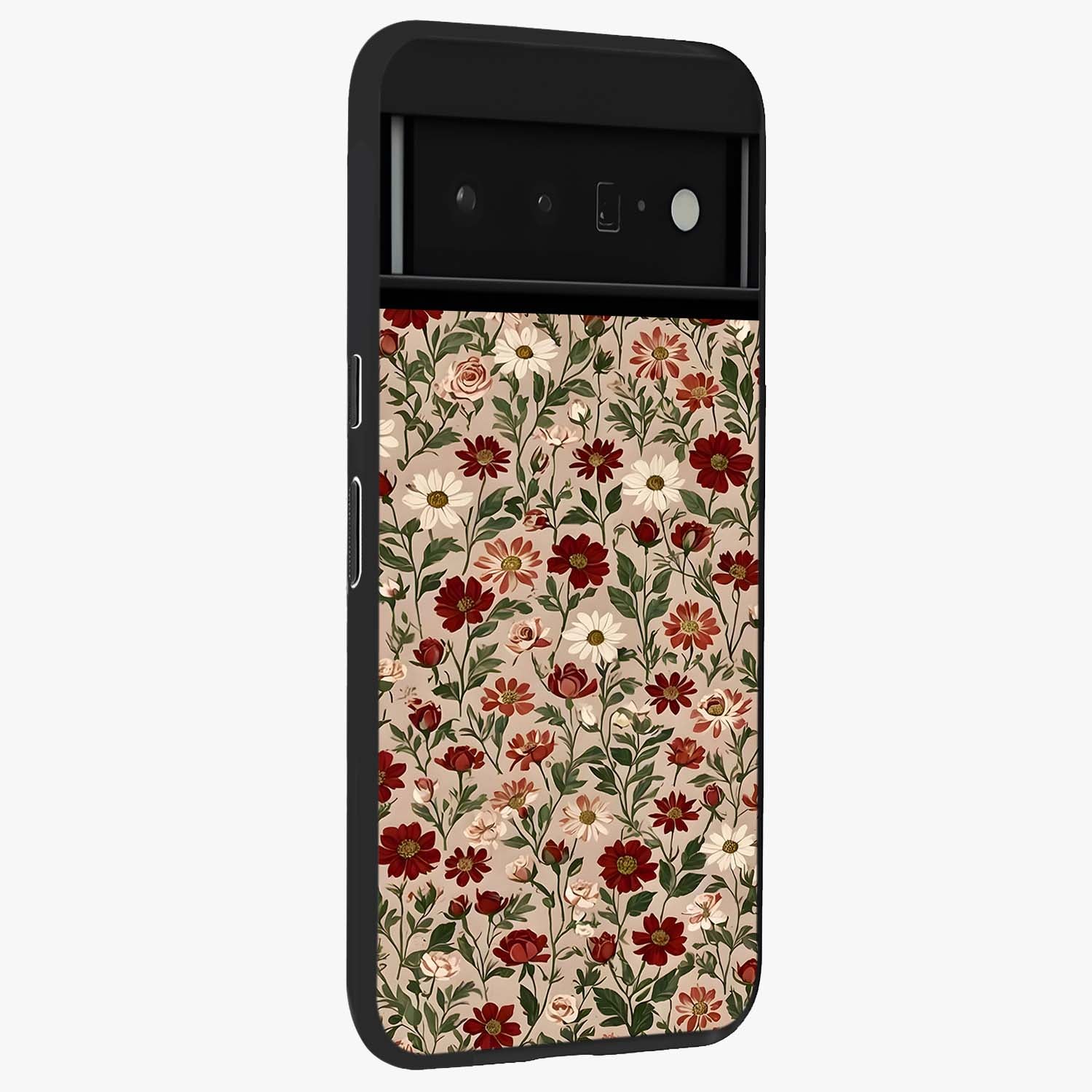 Biege Flower With Leaf Glass Case upright view showcasing delicate beige flower illustration with clean botanical style.