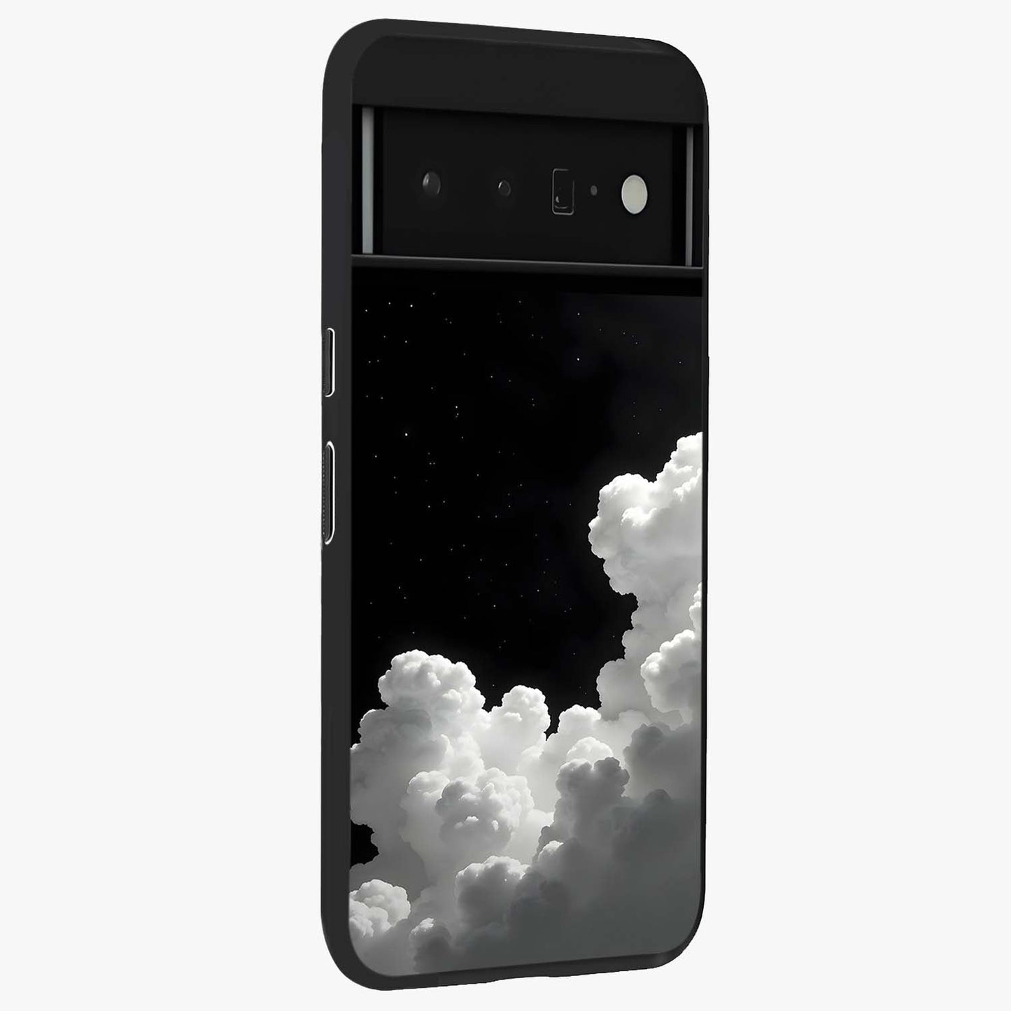 Black Background With White Cloud Glass Case upright view showcasing calm cloud aesthetic with modern minimal style.