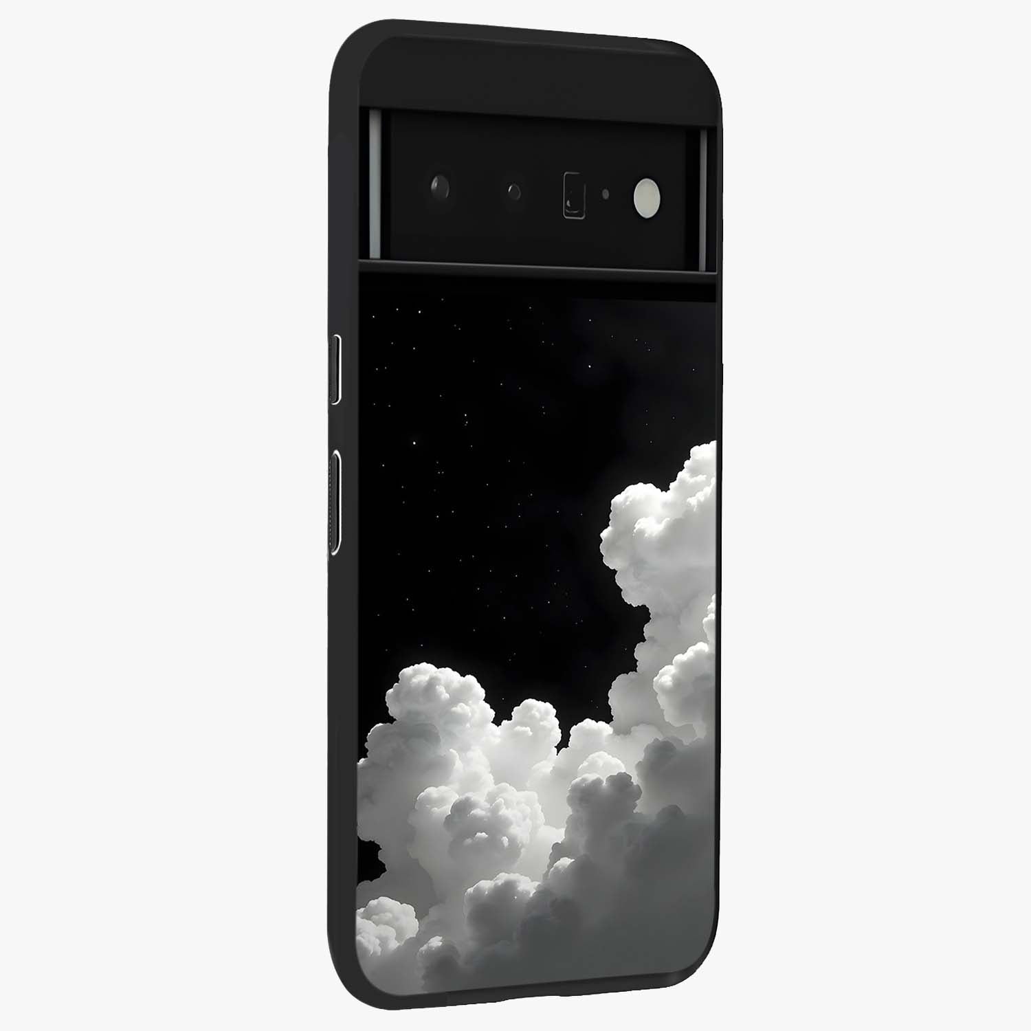 Black Background With White Cloud Glass Case upright view showcasing calm cloud aesthetic with modern minimal style.