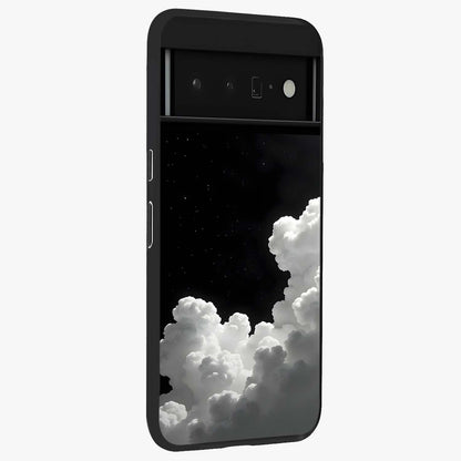Black Background With White Cloud Glass Case upright view showcasing calm cloud aesthetic with modern minimal style.