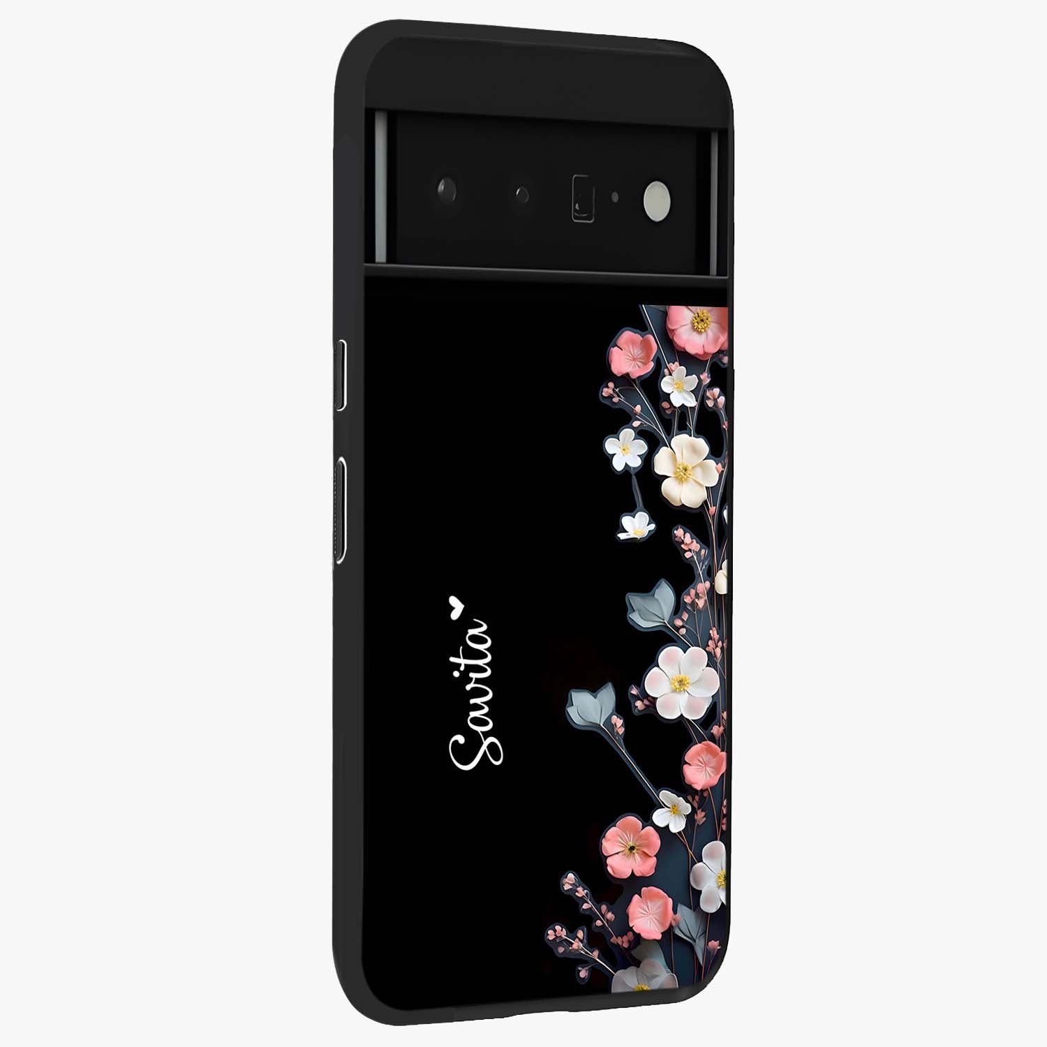 Black Elegance Floral Custom Name Glass Case upright view showcasing luxurious black floral design with personalized name detail.