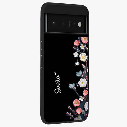 Black Elegance Floral Custom Name Glass Case upright view showcasing luxurious black floral design with personalized name detail.