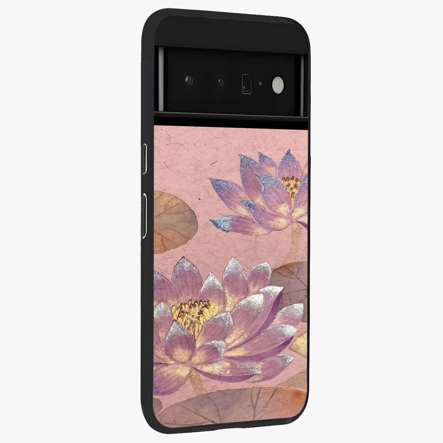Blossom Mist Lotus Glass Case upright view showcasing graceful lotus flower design with peaceful botanical style.