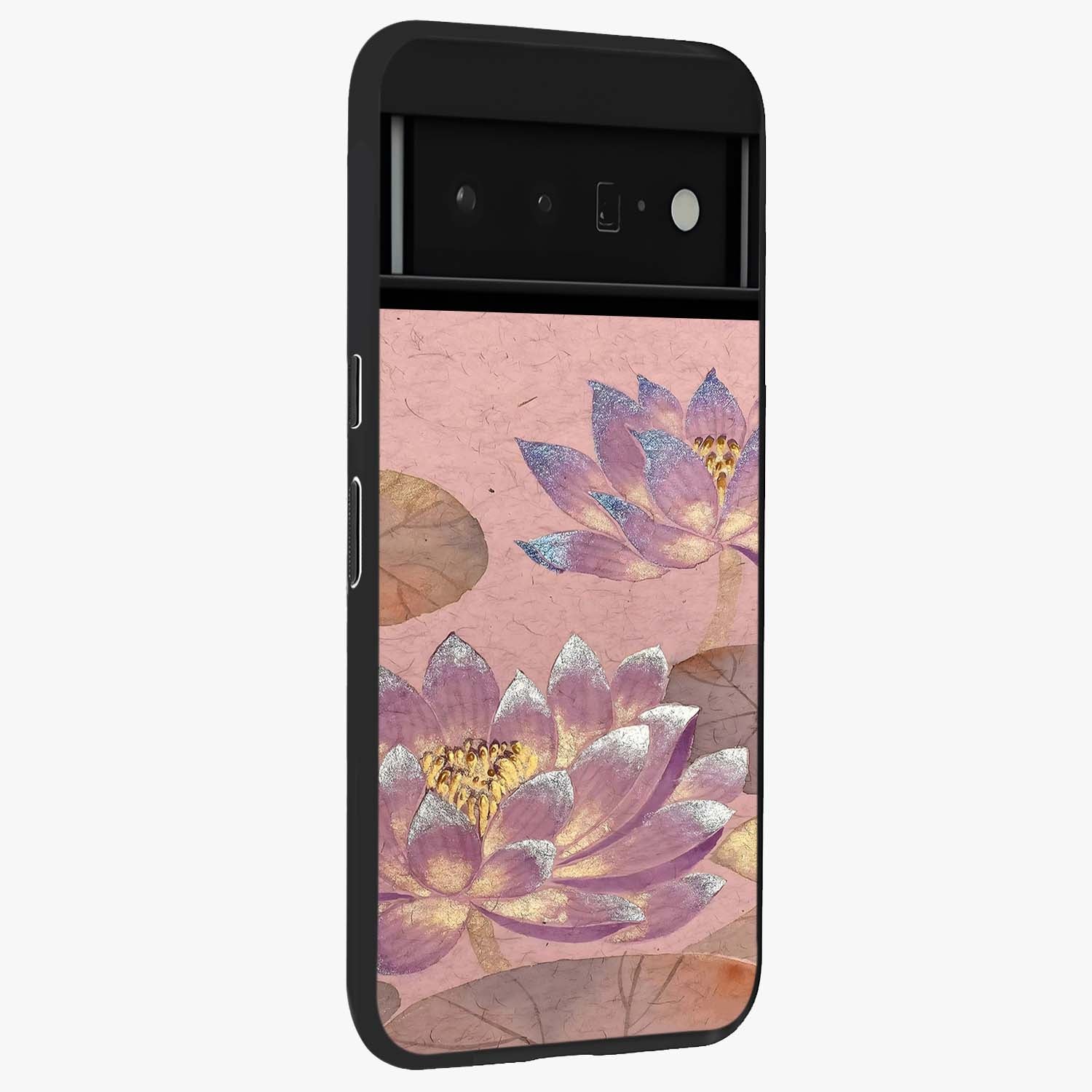 Blossom Mist Lotus Glass Case upright view showcasing graceful lotus flower design with peaceful botanical style.