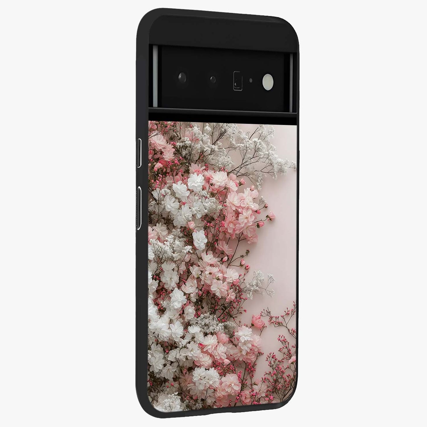 Blush Blossom Cloud Glass Case upright view showcasing calm floral cloud artwork with gentle dreamy theme.