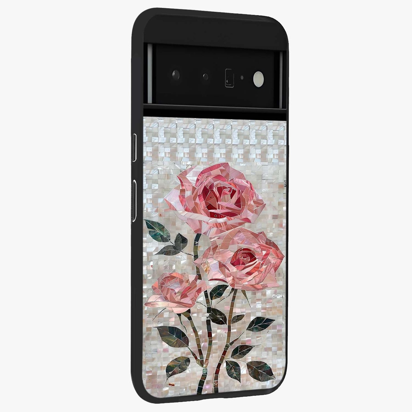 Blush Mosaic Bloom Glass Case upright view showcasing decorative floral mosaic artwork with stylish modern aesthetic.