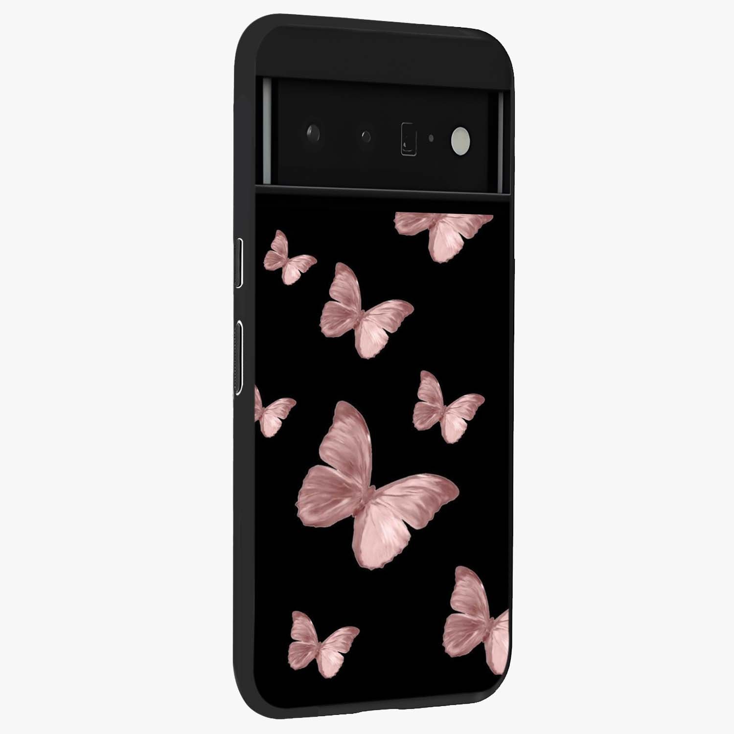 Butterfly Pattern Glass Case upright view showcasing graceful butterfly artwork with soft decorative theme.