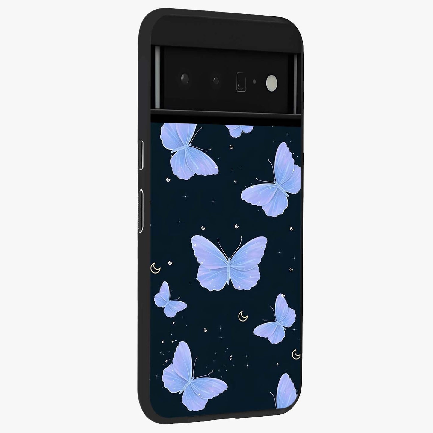 Butterfly With Stars Pattern Glass Case upright view showcasing celestial butterfly artwork with sparkling star elements.