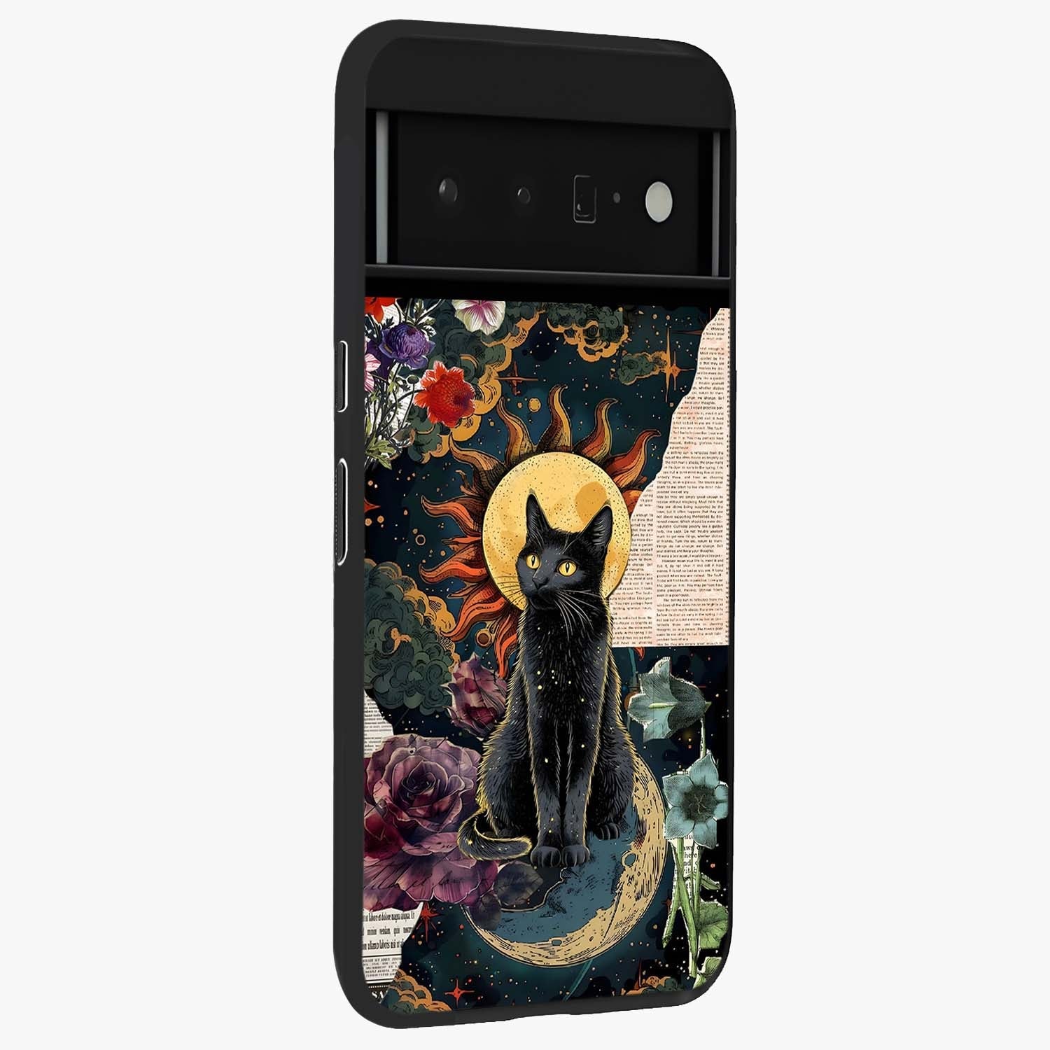 Celestial Black Cat Glass Case upright view showcasing magical black cat illustration with starry cosmic theme.