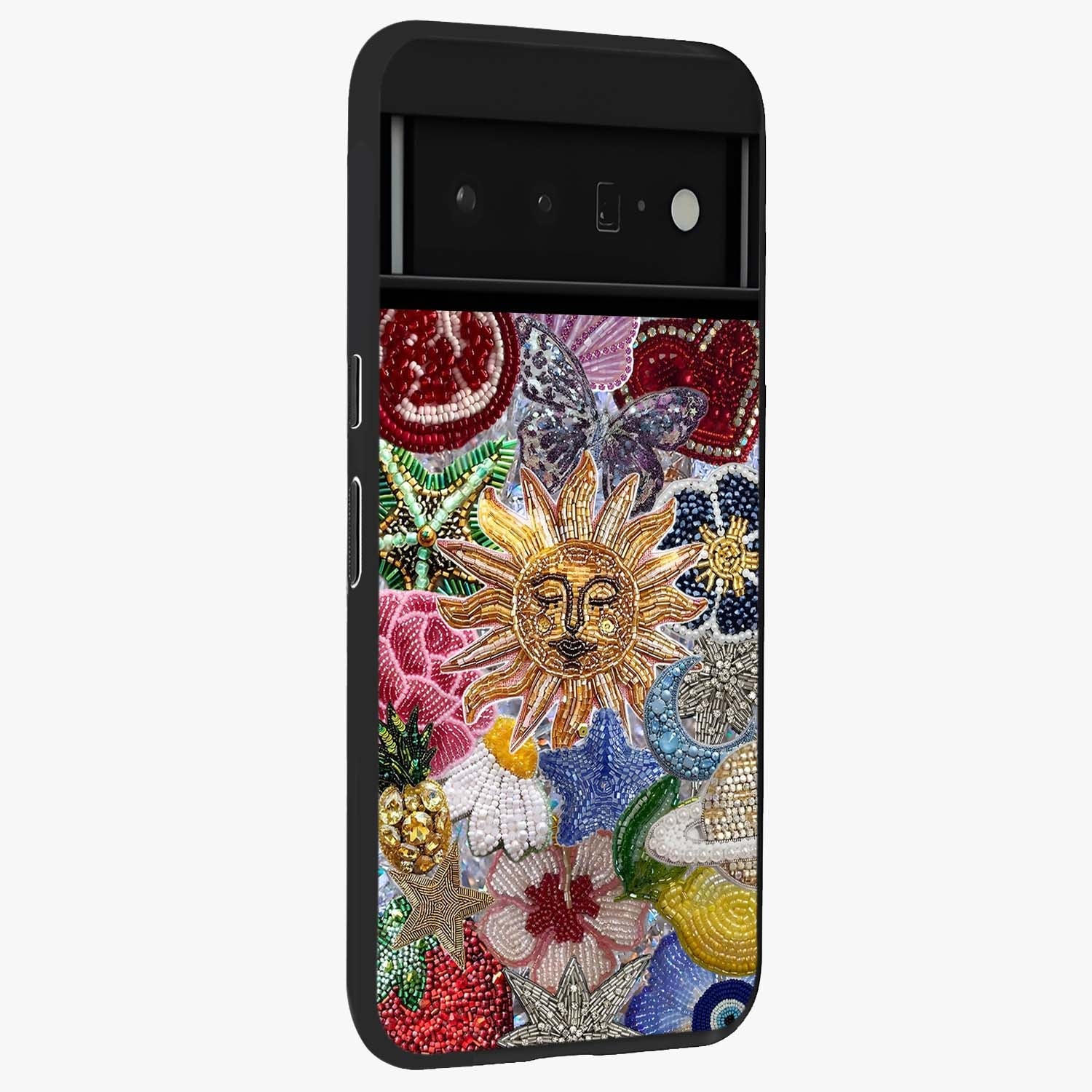Celestial Floral and Playful Glass Case upright view showcasing whimsical floral artwork with cosmic aesthetic theme.