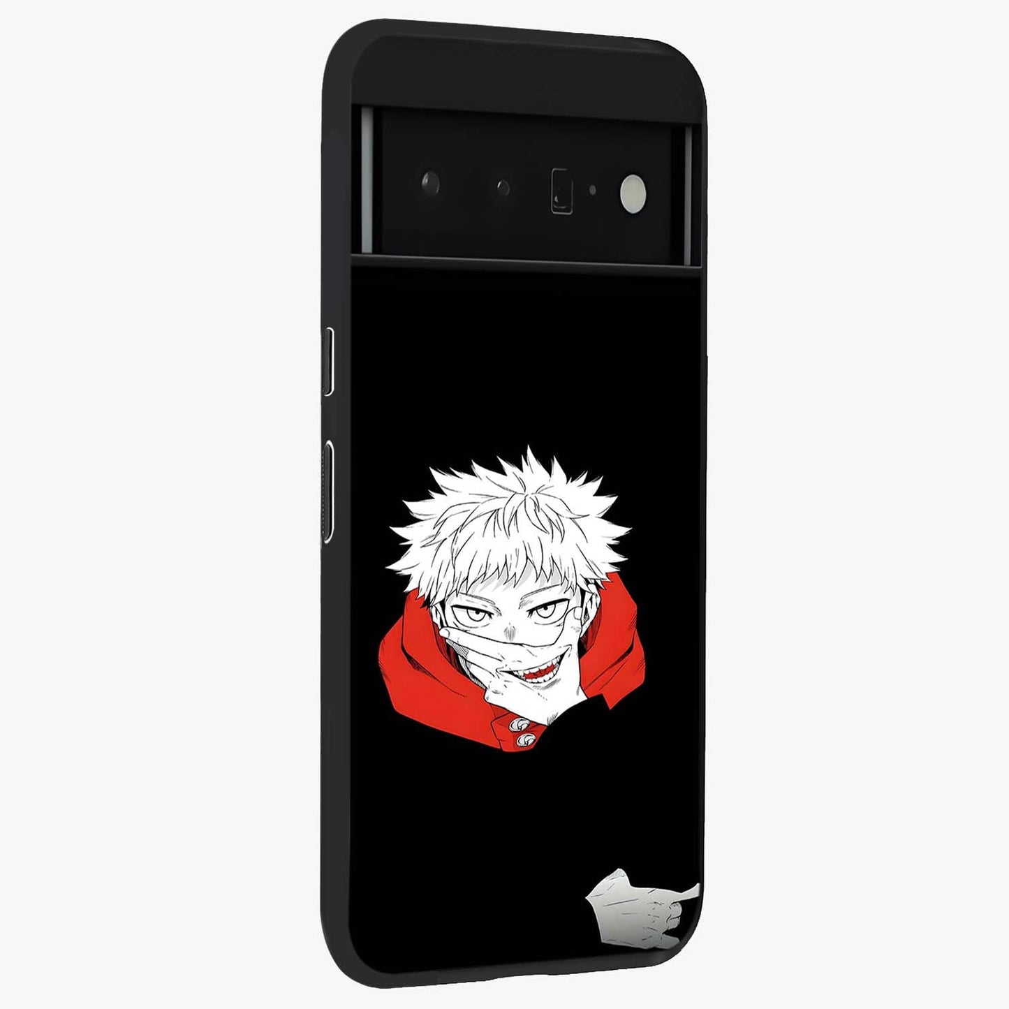 Crimson Chaos Smile Glass Case upright view showcasing expressive chaotic artwork with striking visual theme.