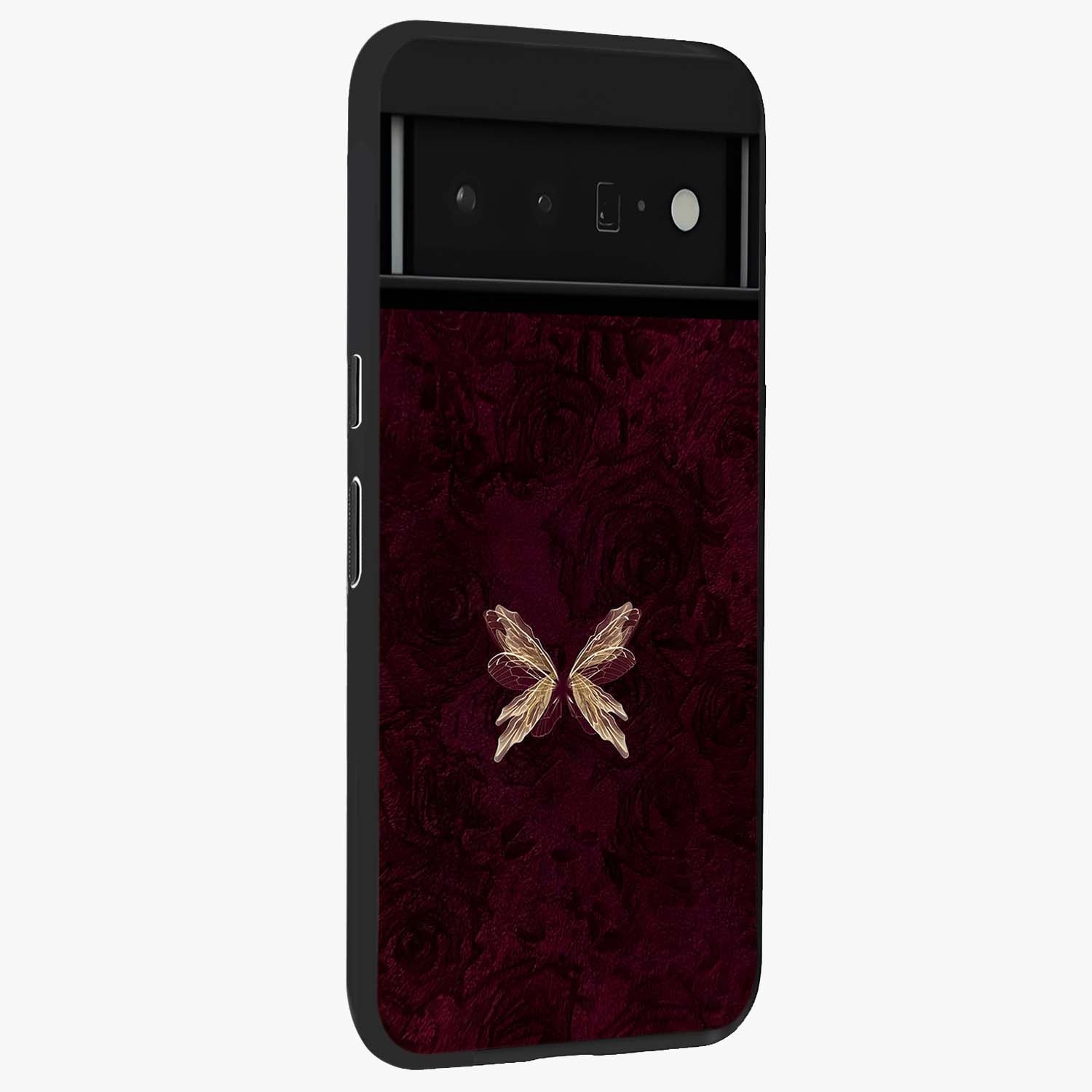 Crimson Fade Butterfly Glass Case upright view showcasing graceful butterfly artwork with soft crimson fade effect.