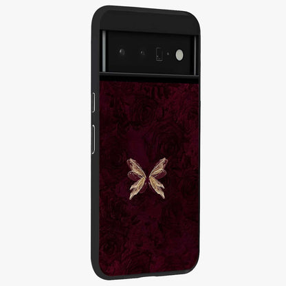 Crimson Fade Butterfly Glass Case upright view showcasing graceful butterfly artwork with soft crimson fade effect.